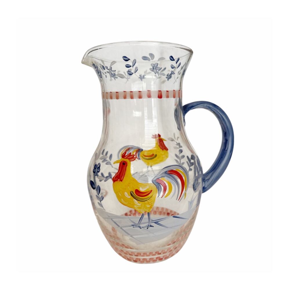 Hand Painted Rooster Glass Pitcher and 4 Glasses Set Cottage Farm Core - Picture 2 of 10